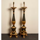 A pair of large green-painted and parcel gilt lamps, circa 1900,