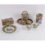 A group of Canton famille rose items comprising two bowls with covers, 19th Century,