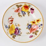 A Derby plate painted summer flowers within a gilt border,