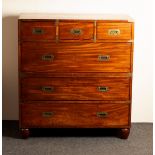 A Victorian mahogany campaign chest, circa 1850, with three short and three long graduated drawers,