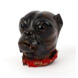 An English carved wood inkwell modelled as a Pug, with glass eyes and textile collar, circa 1860,
