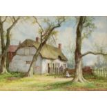 H Wallace/Cottage and Trees/signed/painted ceramic panel,