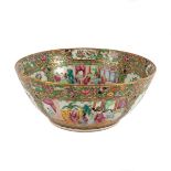 A Canton famille rose punch bowl, 19th Century, painted panels of figures, birds and butterflies,