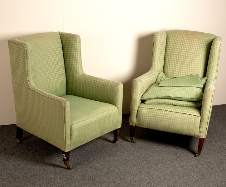 A pair of 19th Century upholstered wing armchairs on square taper front legs with brass caps and - Image 2 of 2