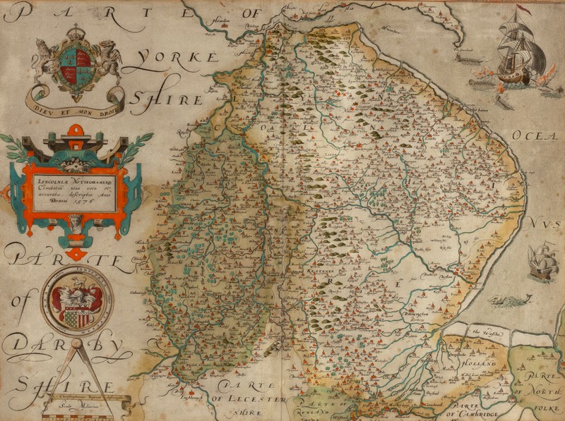 Christopher Saxton (British 1540-1610)/Lincolnie Nottinghamlaeo/hand coloured engraved map,