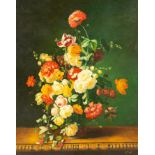 20th Century School/Still Life of Flowers and Raspberries on a Ledge/oil on canvas,