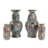 A near pair of Canton famille rose vases, 43cm high and a pair of cylindrical vases,
