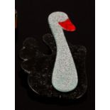 Lea Stein, a swan brooch, of stylised design in black, silver and red plastic,