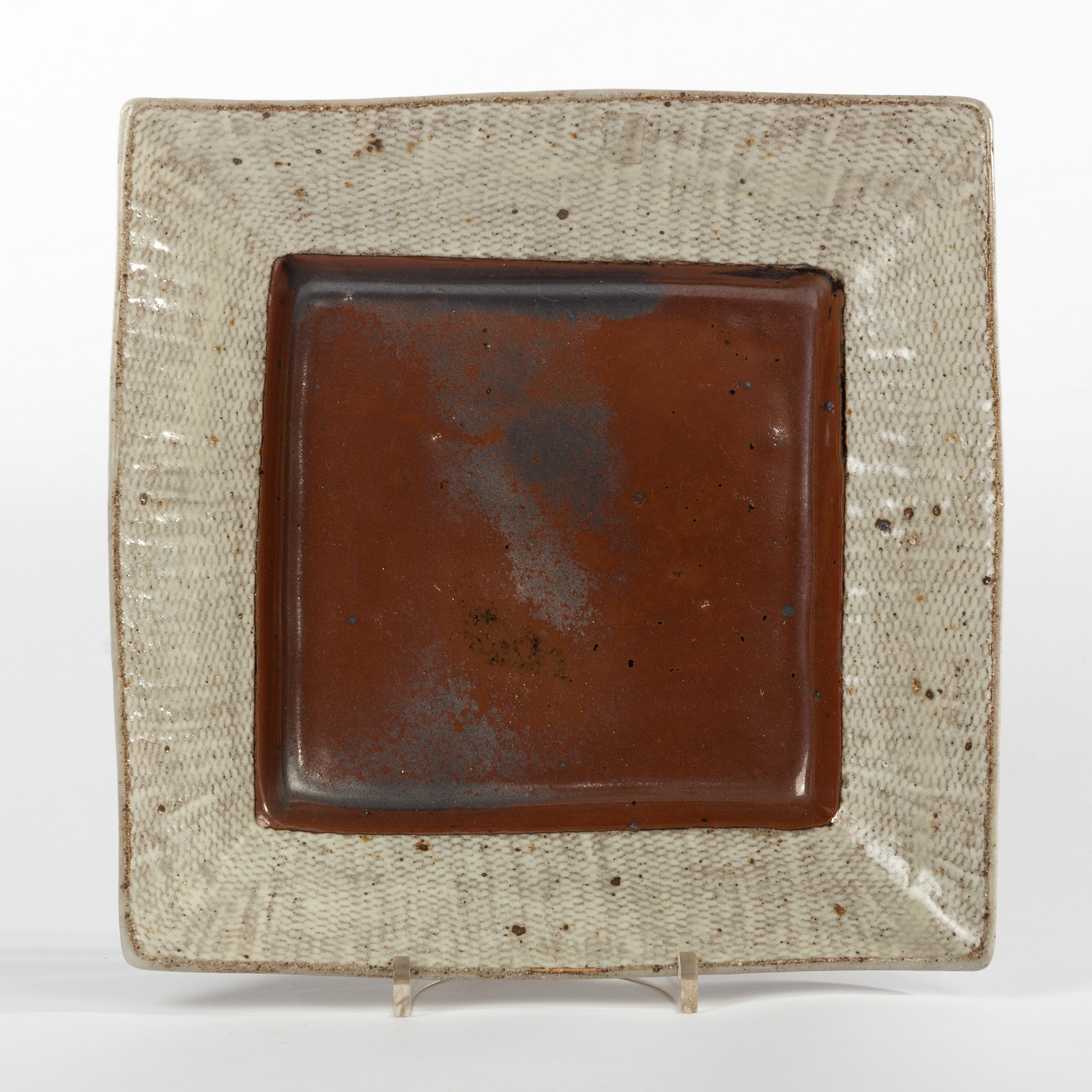 Shimaoka Tatsuzo (Japanese 1917-2007), a square stoneware dish, the centre with mottled brown glaze, - Image 2 of 4