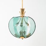 An Italian glass pendant light, three glass panels curved around six lights,
