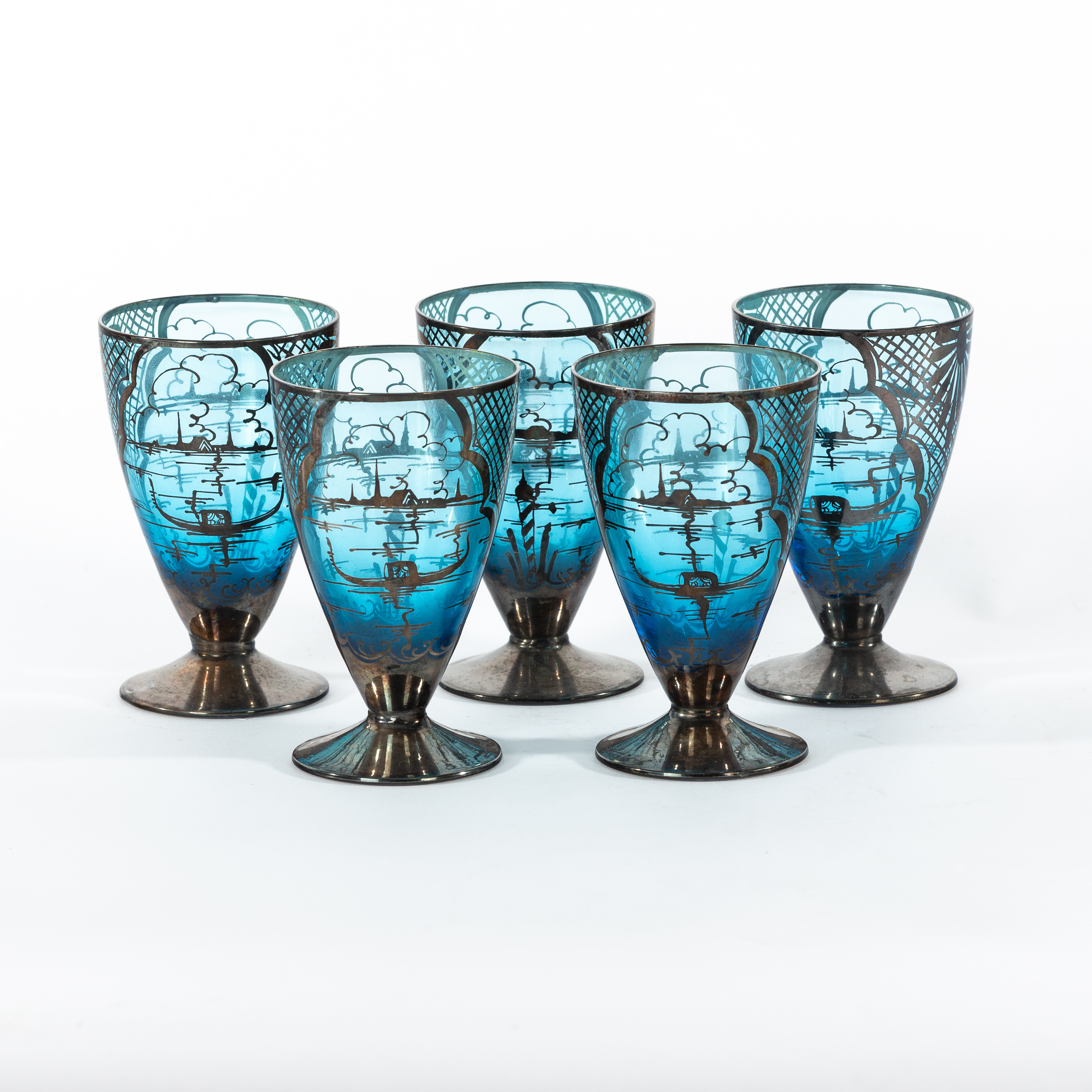 Venetian glass, five footed cobalt blue drinking glasses,