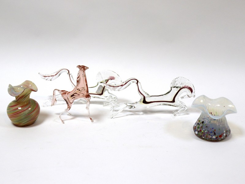 Style of Murano, a pair of glass horses, at full gallop, clear glass with brown thread, 21cm wide,