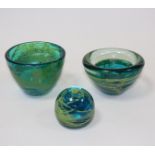 Mdina, a glass bowl, swirling pattern in blue, green and yellow, 14cm diameter, a similar vase,