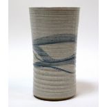 Evelyn Papp, a ribbed tapering earthenware vase, grey glaze with speckled blue swirling bands, mark,