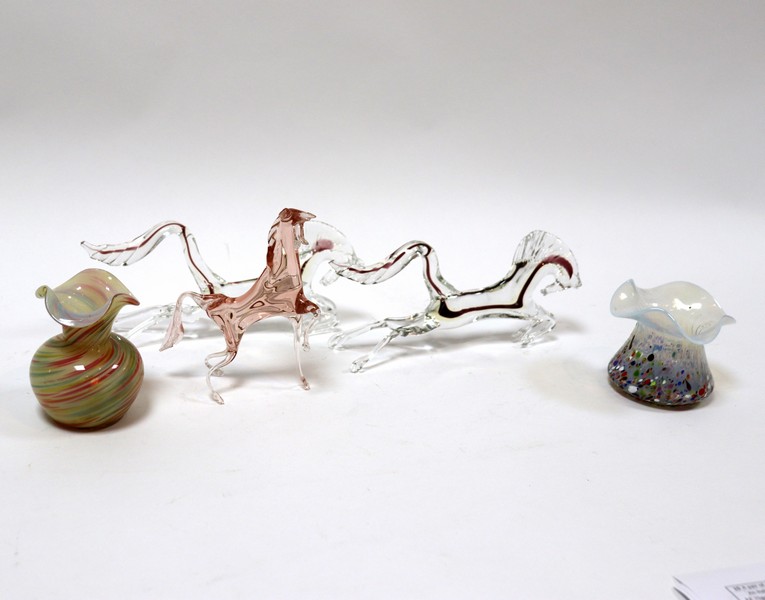 Style of Murano, a pair of glass horses, at full gallop, clear glass with brown thread, 21cm wide, - Image 2 of 2