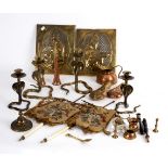 A pair of Indian cobra brass candlesticks and sundry brass