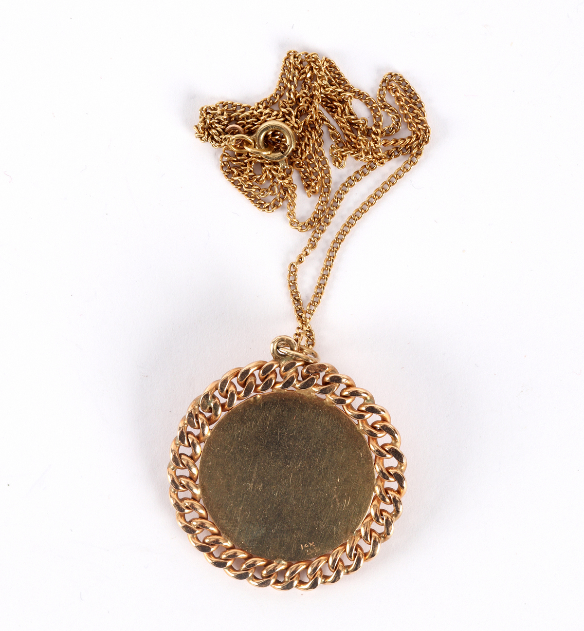 A 14k gold pendant centred by a gem set flower to a flattened curb link border, approximately 12. - Image 2 of 2