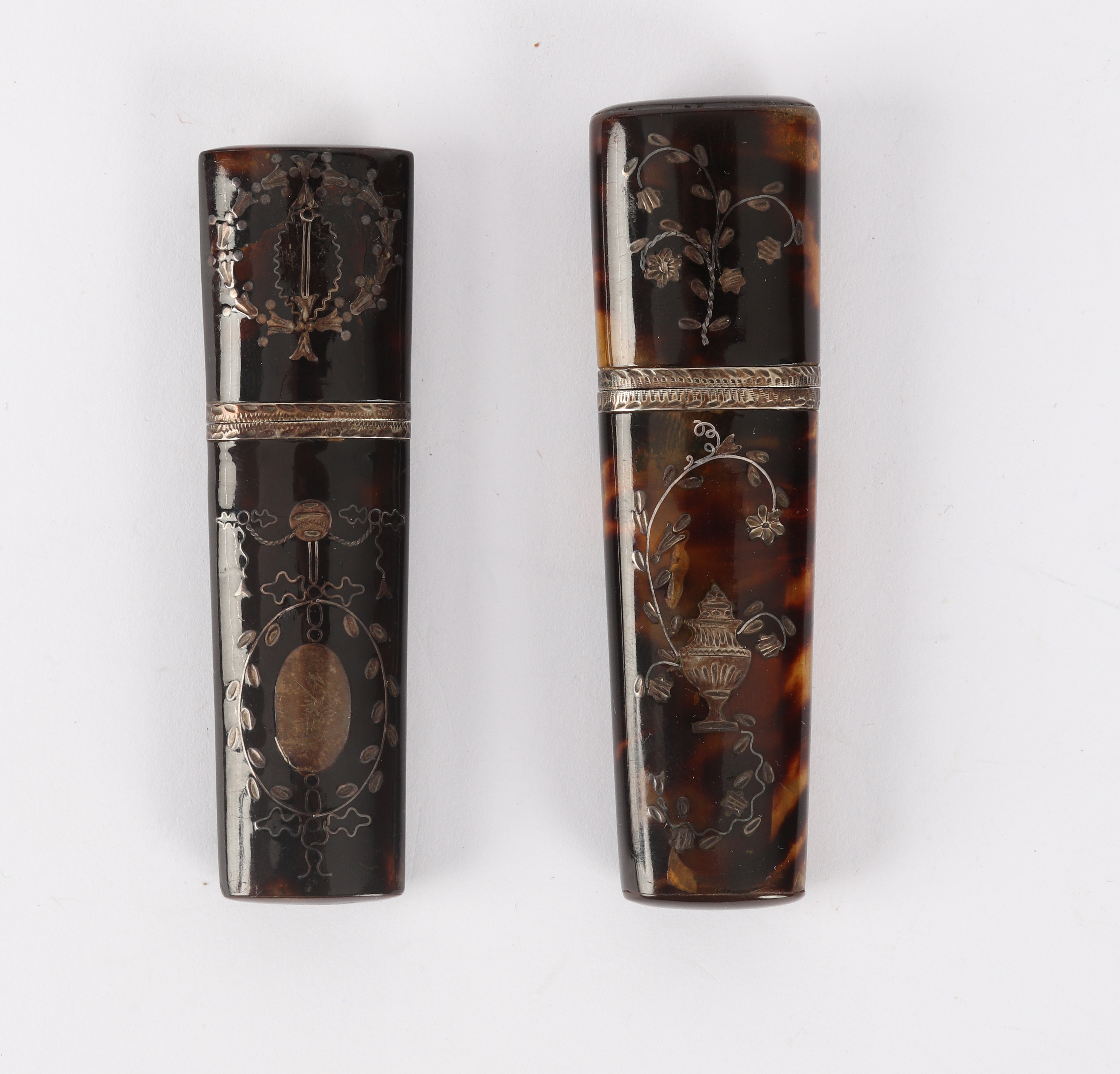 Two Georgian tortoiseshell bodkin cases, one inlaid an urn and foliage, the other an oval, 7.