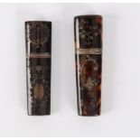 Two Georgian tortoiseshell bodkin cases, one inlaid an urn and foliage, the other an oval, 7.