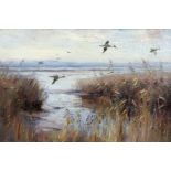 William Miller Frazer RSA (Scottish 1864-1961)/Ducks over Marshland, Newburgh, Fife/oil on canvas,