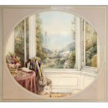 Late 19th Century English School/Prospect of the Coast from a Window/oval watercolour,