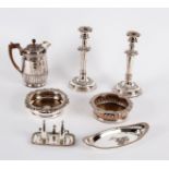 A pair of silver plated candlesticks, 27cm high, a snuffer's tray, two wine coasters, etc.