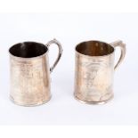 Two Victorian silver Christening mugs, one WE London 1867, the other with marks rubbed, initialled,