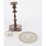 An 18th Century style silver candlestick, Roberts & Belk, Sheffield 1984, plated drip trays,
