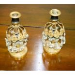 A pair of Regency gilt brass table lights, hung glass drops,