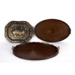 Two oval trays with galleried two-handled border and a black and gold lacquer tray