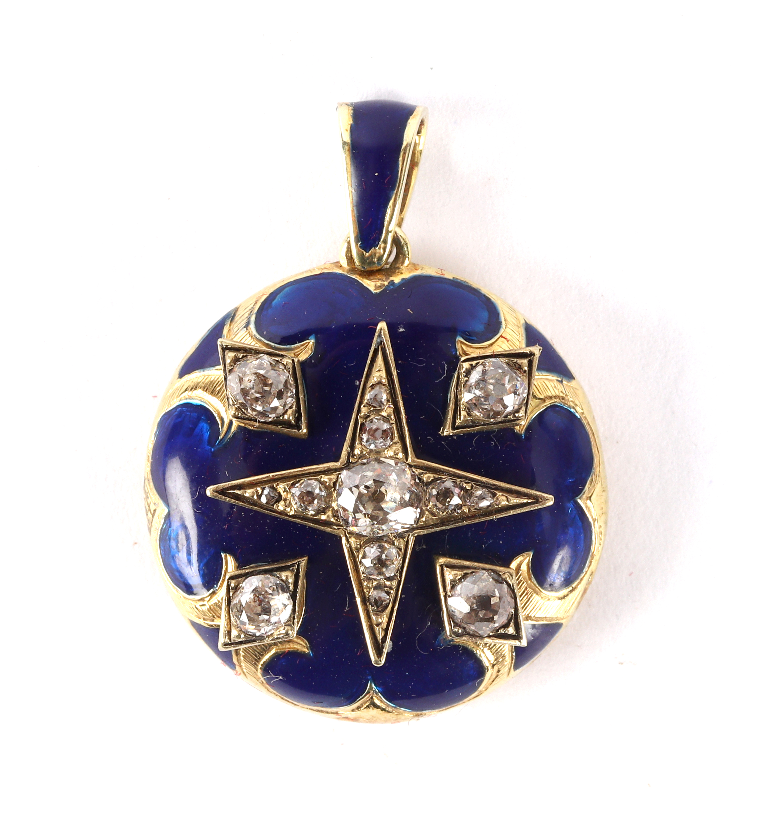 A diamond and blue enamel pendant locket,