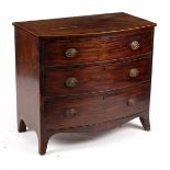 A Regency mahogany bowfront chest with three long drawers on outsplayed bracket feet, 96.