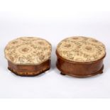 A Victorian hexagonal footstool with Tunbridge ware border and a circular footstool,