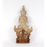 A Thai carved wood wall hanging figure of Buddha kneeling on a stand,