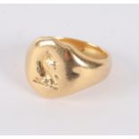 An 18ct gold signet ring, (worn), approximately 11.