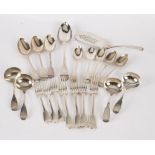 A part canteen of silver fiddle pattern flatware, mostly George III,