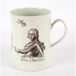 A Worcester cylindrical tankard printed 'The King of Prussia', after Robert Hancock, 12.