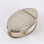 A silver mounted shell box, circa 1780, of oval form, the hinged lid monogrammed JB,