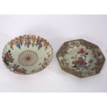 A Japanese Imari scallop edged plate, 22cm diameter, a Chinese famille rose octagonal plate,