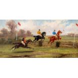 Circle of Rudolf Stone (British 19th Century)/Steeplechasing/oil on panel, 15cm x 30.