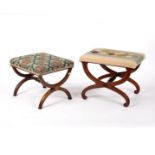 A 19th Century rosewood X framed stool with upholstered seat and another similar
