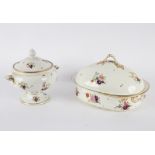 A Derby porcelain warming dish with liner and cover, 44cm wide and a footed tureen and cover,