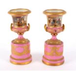 A pair of Vienna style pink ground vases, late 19th Century, painted historical scenes,