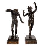 A matched pair of bronze figures of dancing faun, after the Antique,