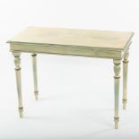 A pair of green and cream painted tables on turned legs,