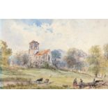 19th Century English School/Landscape With Figures And Cattle/watercolour, 17.25cm x 25.