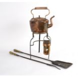 A Georgian pierced brass trivet, a copper kettle, various fire irons etc.