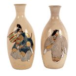 A pair of Japanese Satsuma bottle vases, painted with full length actors, signed, Meiji period,
