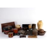 A collection of treen and other wooden items, lacquer boxes,