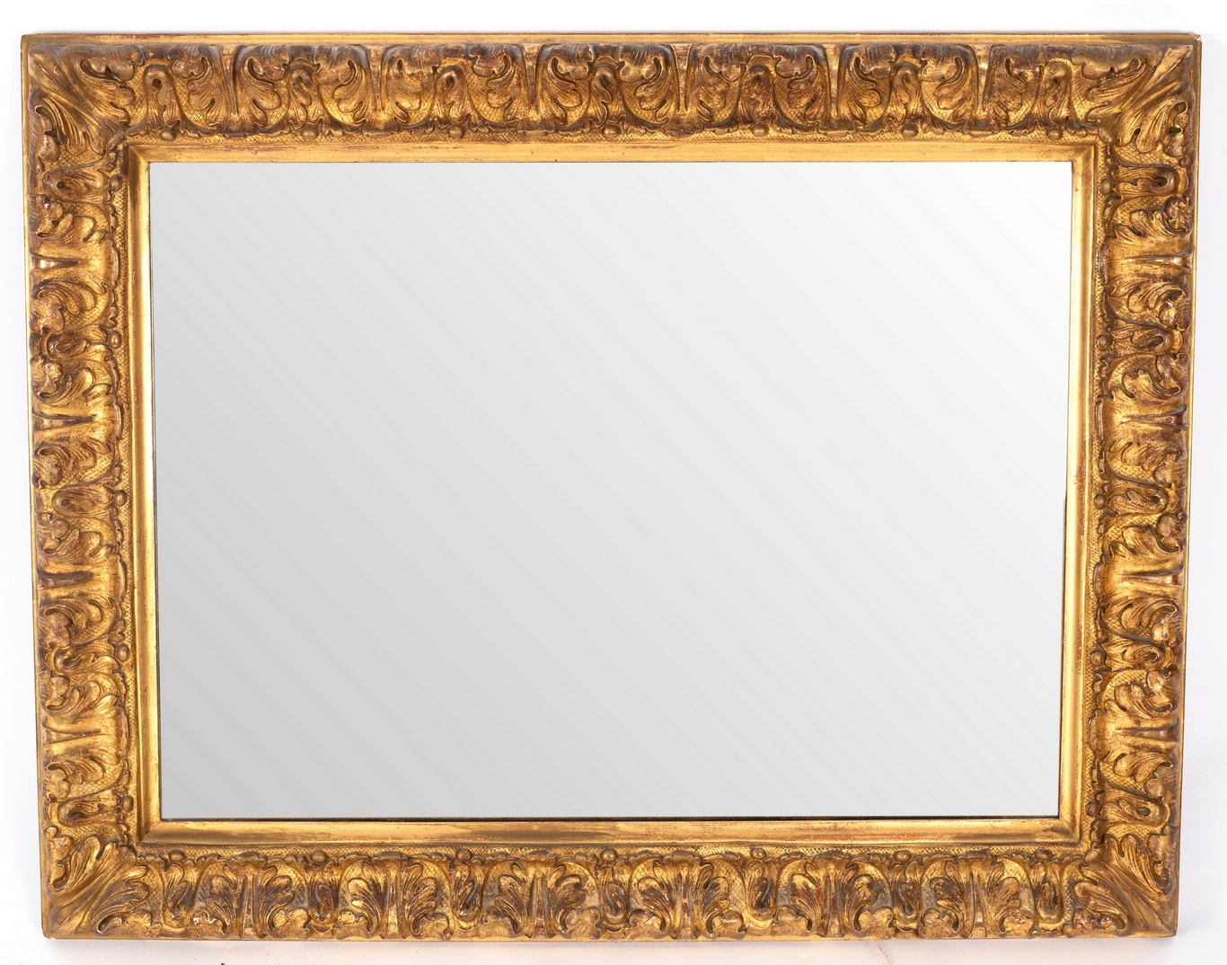 A Victorian gilt framed mirror with repeating stiff leaf decoration, the plate 46. - Image 2 of 2